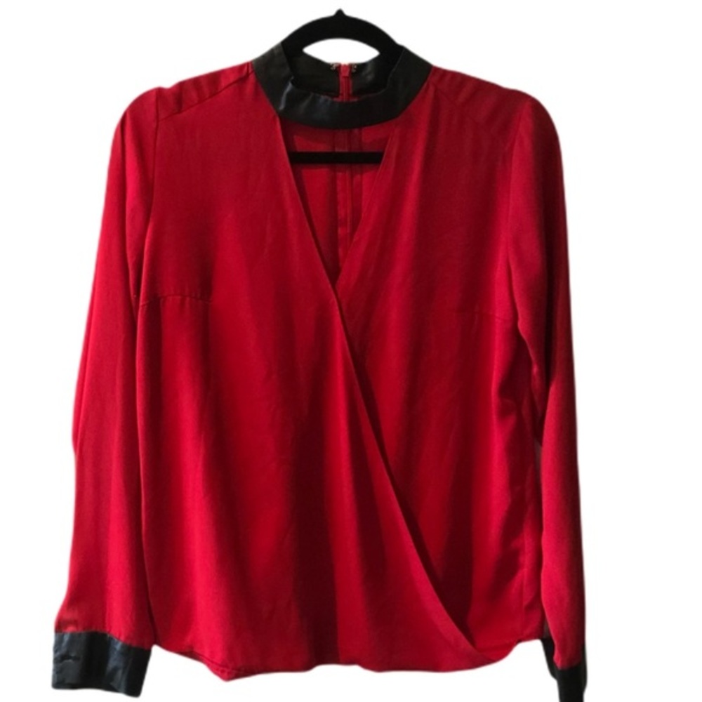 Red Venus Top Blouse Faux Leather Trim Size 4